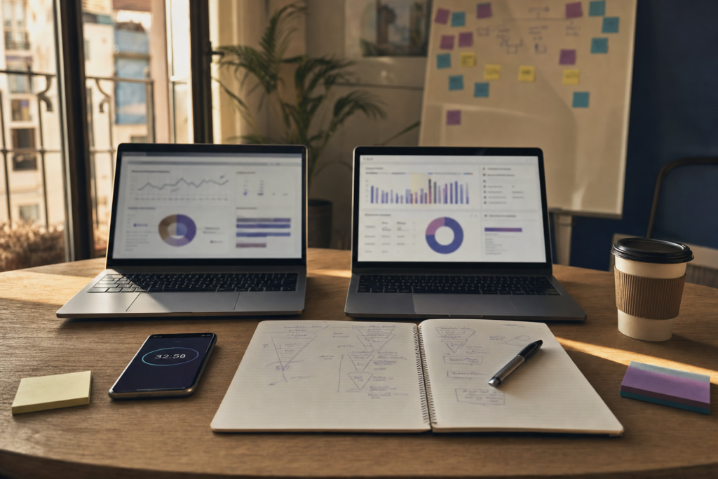 Mesa de trabajo con ordenadores analizando Google Ads y SEO para una estrategia de publicidad online.