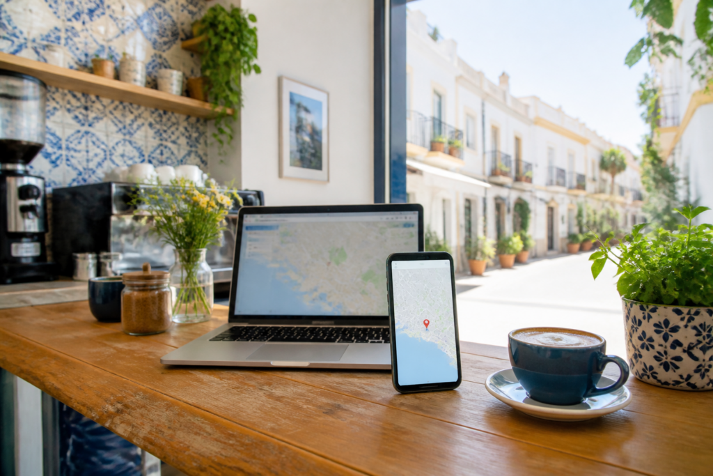 Dueño de negocio local consultando cómo aparecer en Google Maps en su móvil