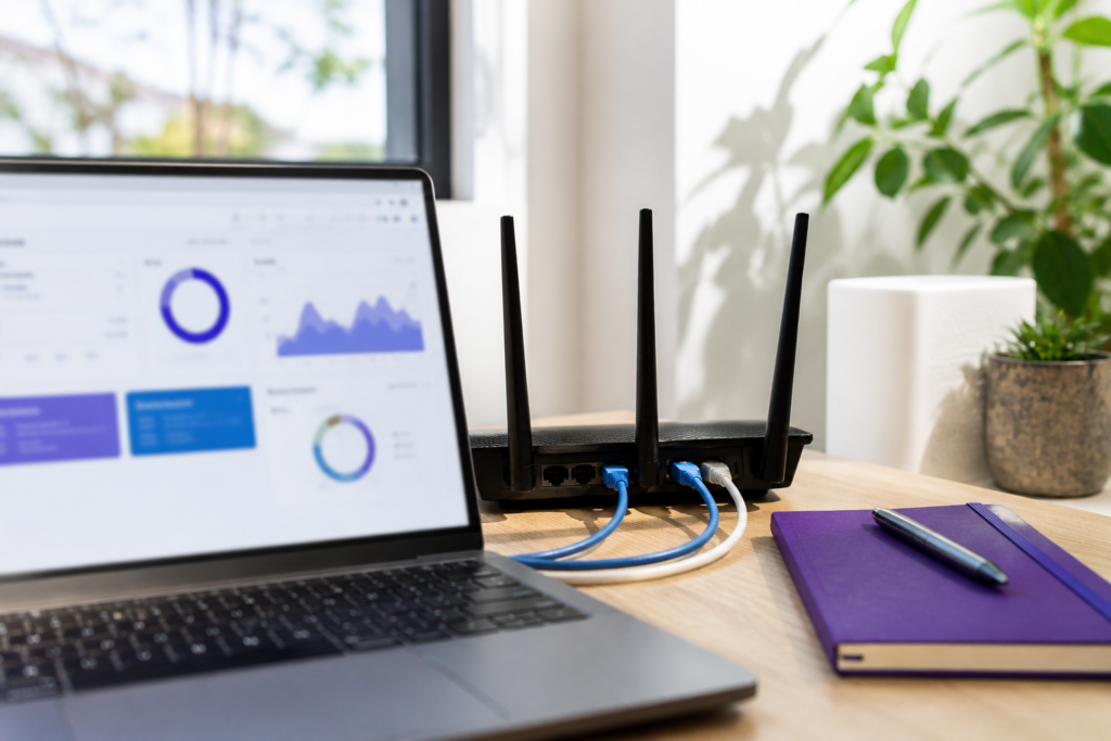 Oficina de pyme con portátil protegido, mostrando buena seguridad web contra ataques y hackeos