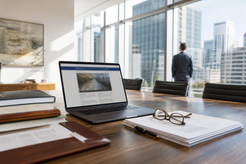 Diseño web para abogados en un despacho profesional con ordenador y documentos legales