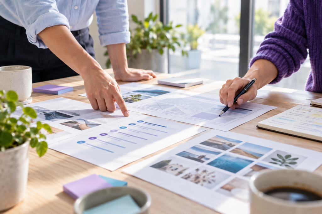 Mesa de trabajo con checklist para preparar contenidos web antes de contratar una agencia